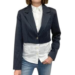 Amazon's The Drop Reims Cropped Blazer Sz S New $79 Navy Blue Pinstripe Lined